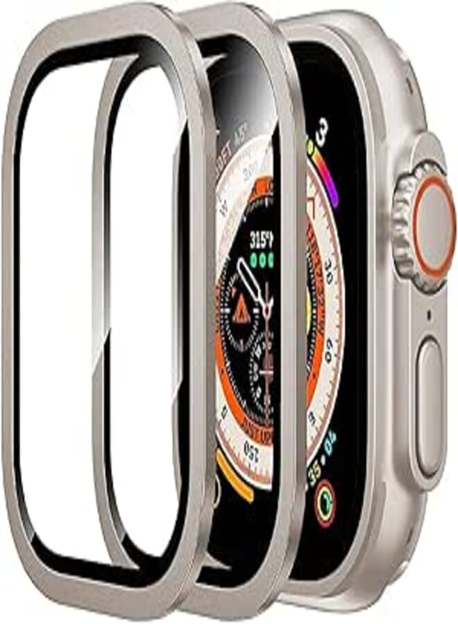 Dado (2 Pack) Metal Bumper frame + Tempered Glass screen protector Compatible with Apple Watch 8 Ultra 49mm, keep original and full watch coverage, Anti-Scratch HD Full Film (Titanuim)